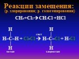 Реакции замещения: (р. хлорирования; р. галогенирования). СН4+Cl2СH3Cl +НCl H H | свет | H–C–H + Cl-Cl  H–C–Cl + H-Cl | | H H метан хлорметан