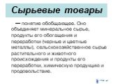 Сырьевые товары. — понятие обобщающее. Оно объединяет минеральное сырье, продукты его обогащения и переработки (черные и цветные металлы), сельскохозяйственное сырье растительного и животного происхождения и продукты его переработки, химическую продукцию и продовольствие.