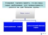 В мировой торговле принято, что все виды сырья, необходимые для промышленности, делятся на две большие группы: