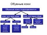 Обувные кожи. Обувные кожи подразделяются. кожи для низа обуви. кожи для верха обуви. подошвенные стелочные. кожа для рантово-клеевых методов крепления. кожа для гвоздевых методов крепления. кожи для наружных деталей. кожи для внутренних деталей (подкладочные). хромовые юфтевые