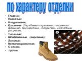 Гладкие; Нарезные; Натуральные; Крашеные (барабанного крашения, покровного крашения, двухцветные, «под антик», с печатным рисунком); Тисненые; Шлифованные (ворсовые); Лаковые; Металлизированные; С мехом; прочие. по характеру отделки