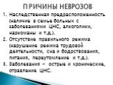 1. Наследственная предрасположенность (наличие в семье больных с заболеваниями ЦНС, алкоголики, наркоманы и т.д.). 2. Отсутствие правильного режима (нарушение режима трудовой деятельности, сна и бодрствования, питания, переутомление и т.д.). 3. Заболевания - острые и хронические, отравление ЦНС. ПРИ