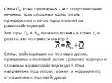 Сила Qx тоже суммарная - это сопротивление качению всех опорных колес плуга, приведенное к точке приложения их равнодействующей. Векторы Qx и Rxy можно сложить в точке 1, в результате по­лучится вектор R. Силы, действующие на полевые доски, приведены к полевой доске среднего корпуса и сложены в равн