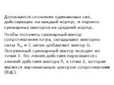 Допускается сложение одинаковых сил, действующих на каждый корпус, и перенос суммарных векторов на средний корпус. Чтобы получить суммарный вектор сопротивления плуга, складывают векторно силы Rxz и F, затем добавляют вектор G. Полученный суммарный вектор исходит из точки 1. Его линия действия перес