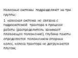 Навесные системы подразделяют на три группы: 1- навесная система не связана с гидросистемой трактора в про­цессе работы (распределитель занимает плавающее положение), глубина пахоты определяется положением опорных колес, колеса трактора не догружаются плугом;