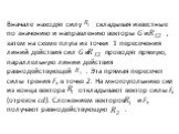 Вначале находят силу складывая известные по значению и направлению векторы G и , затем на схеме плуга из точки 1 пе­ресечения линий действия сил G и проводят прямую, парал­лельную линии действия равнодействующей . Эта прямая пере­сечет силы трения Fx в точке 2. На многоугольнике сил из конца вектора