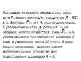 Как видно из многоугольника сил, сила тяги Pxz имеет мини­мум, когда угол = 90°, т. е. Векторы и / Rк перпендикулярны. С увеличением угла реакция Rк на опорное колесо возрастает. Силы и RK увеличиваются при смещении шарнира А вниз и уд­линении звена ВС плуга. В ряде машин механизмы навески имеют доп