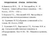 Продолжение списка литературы. 4.Аванесов Ю.Б., В . И. Бессарабов, И . И. Русанов. Свеклоуборочные машины. – М.: Колос, 1979. – 351 с. 5.Боршов Т.С., Лисовский И.В. Настройка и регулировка мелиоративных машин: 6. Горячкин В.П.Собрание сочинений в 3-х томах.-М.:Колос,1968 7. Ксеневич И.П., Варламов Г