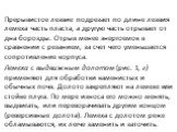 Прерывистое лезвие подрезает по длине лезвия лемеха часть пласта, а другую часть отрывает от дна борозды. От­рыв менее энергоемок в сравнении с резанием, за счет чего умень­шается сопротивление корпуса. Лемеха с выдвижным долотом (рис. 1, г) применяют для обра­ботки каменистых и обычных почв. Долото