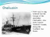 Cheliuskin. From 1933 to 1934, Schmidt led the voyage of the steamship Cheliuskin, also with Captain Vladimir Voronin, along the Northern Sea Route.