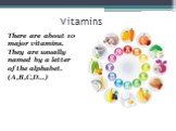 There are about 10 major vitamins. They are usually named by a letter of the alphabet. (A,B,C,D…)