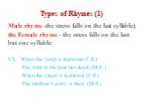 Types of Rhymes (1). Male rhyme -the stress falls on the last syllable), the Female rhyme - the stress falls on the last but one syllable: EX. When the lamp is shattered (F.R.) The light in the dust lies dead; (M.R.) When the cloud is scattered, (F.R.) The rainbow’s glory is shed. (M.R.)