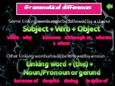 Some linking words must be followed by a clause Subject + Verb + Object while why because although so whereas when Other linking words should be followed by a noun Linking word + (the) + Noun/Pronoun or gerund because of despite during in spite of