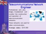 Telecommunications Network Engineer. Professionals who plan, design, troubleshoot and monitor the construction and operation of telecommunication networks. These networks are used for video communication. Average salary: $ 87,000