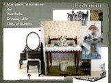 Bedroom. Main pieces of furniture: Bed Wordrobe Dressing table Chest of drawers
