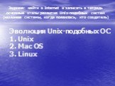Эволюция Unix-подобных ОС 1. Unix 2. Mac OS 3. Linux. Задание: найти в Internet и записать в тетрадь основные этапы развития Unix-подобных систем (название системы, когда появилась, кто создатель)
