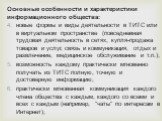 Основные особенности и характеристики информационного общества: новые формы и виды деятельности в ТИТС или в виртуальном пространстве (повседневная трудовая деятельность в сетях, купля-продажа товаров и услуг, связь и коммуникация, отдых и развлечение, медицинское обслуживание и т.п.); возможность к