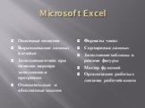 Microsoft Excel. Основные понятия Выравнивание данных в ячейке Заполнение ячеек при помощи маркера заполнения и прогрессии Относительные и абсолютные ссылки. Форматы чисел Сортировка данных Заполнение таблицы в режиме фигуры Мастер функций Организация работы с листами рабочей книги