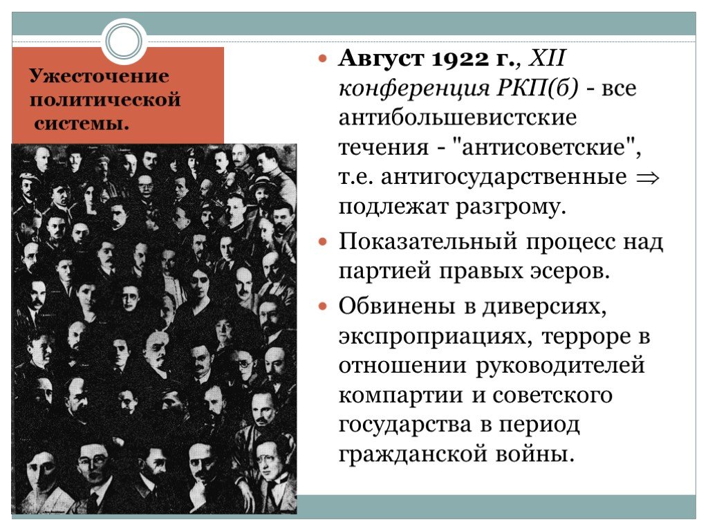 Ркп б это. Август 1922 12 конференция РКП. Ужесточение политического режима в 1920-е гг. 1922 Процесс над партией эсеров. Конференции РКП(Б).