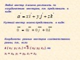 Любой вектор ā можно разложить по координатным векторам, т.е. представить в виде: Нулевой вектор можно представить в виде: Координаты равных векторов соответственно равны, т.е., если ā { x1; y1; z1 } = b { x2; y2; z2 }, то x1 = x2, y1 = y2, z1 = z2.