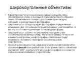 Широкоугольные объективы. Характеризуются углом обзора гораздо большим, чем у человеческого глаза, и большой глубиной резкости. Обычно такие объективы используют для съемки архитектуры, пейзажей и репортажной фотографии. Широкий угол обзора придаёт фотографии определённые искажения: всё, что находит