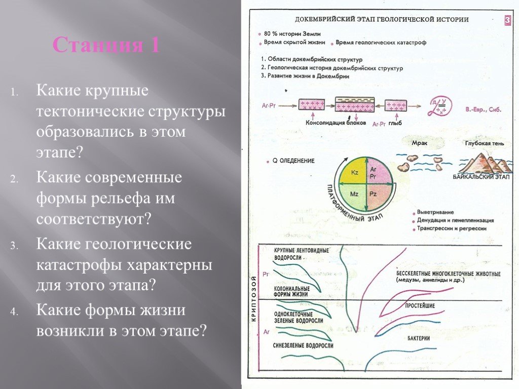 Какая геологическая структура сформировалась раньше остальных. Геологические катастрофы в истории земли. Докембрийский этап геологической истории земли. Типичные формы жизни в геологии истории земли. Байкальский этап развития земли.