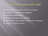 Подготовительный этап. подготовить 5 ассистентов по станциям разделить учеников на команды провести жеребьевку напечатать названия станций подготовить на каждой станции по 5 вопросов раздать путевые листы