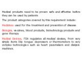 Medical products need to be proven safe and effective before they can be used by patients The product categories covered by this requirement include: Medicines used for the treatment and prevention of disease Biologics, vaccines, blood products, biotechnology products and gene therapy Medical Device
