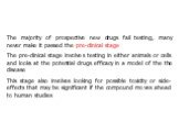 The majority of prospective new drugs fail testing, many never make it passed the pre-clinical stage The pre-clinical stage involves testing in either animals or cells and looks at the potential drugs efficacy in a model of the the disease This stage also involves looking for possible toxicity or si