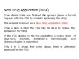 New Drug Application (NDA) Once clinical trials are finished the sponsor places a formal request with the FDA to consider approving the drug This request is known as a New Drug Application (NDA) Once a NDA is filed the FDA has 60 days to review the application for filing If the FDA decides to file t