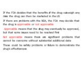 If the FDA decides that the benefits of the drug outweigh any risks the drug can then be marketed in the US If there are problems with the NDA, the FDA may decide that the drug is approvable or not approvable Approvable means that the drug may eventually be approved, but that some issues need to be 