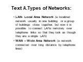 Text A.Types of Networks: LAN- Local Area Network (a localized network usually in one building or a group of buildings close together, but now it is possible to connect LANs remotely over telephone links so that they look as though they are a single LAN) WAN – Wide Area Network (a network connected 