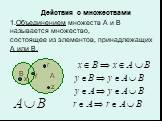 1.Объединением множеств А и В называется множество, состоящее из элементов, принадлежащих А или В. x y z r