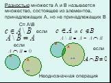 Разностью множеств А и В называется множество, состоящее из элементов, принадлежащих А, но не принадлежащих В. если С= А\В и. Неоднозначная операция