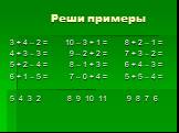 Реши примеры. 3 + 4 – 2 = 10 – 3 + 1 = 8 + 2 – 1 = 4 + 3 – 3 = 9 – 2 + 2 = 7 + 3 – 2 = 5 + 2 – 4 = 8 – 1 + 3 = 6 + 4 – 3 = 6 + 1 – 5 = 7 – 0 + 4 = 5 + 5 – 4 = 5 4 3 2 8 9 10 11 9 8 7 6