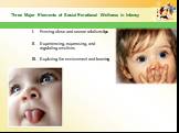 Three Major Elements of Social Emotional Wellness in Infancy. Forming close and secure relationships Experiencing, expressing, and regulating emotions Exploring the environment and learning