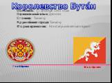 Основано: 17 декабря 1907 года Официальный язык: Дзонг-кэ Столица: Тхимпху Крупнейшие города:	Тхимпху Форма правления: Конституционная монархия. Флаг Бутана Герб Бутана. Королевство Бута́н