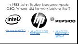 In 1983 John Sculley became Apple CEO. Where did he work before that? He was the executive of PepsiCo He was Intel CEO He was HP Chief Engineer