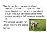 3. Shortly, we found a nice field and stopped for lunch. I unpacked the picnic basket and we were just about to tuck into our delicious lunch when we saw an angry bull running towards us. We jumped up and ran away, leaving the picnic behind.
