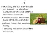 4. Fortunately, the bull didn' t chase us. Instead , he ate all our sandwiches while we watched him from a distance. A few hours later, we arrived back home. We were tired and very hungry but we were happy. lt certainly had been a day out to remember.