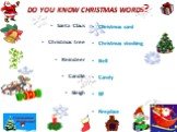 DO YOU KNOW CHRISTMAS WORDS? Santa Claus Christmas tree Reindeer Candle Sleigh. Christmas card Christmas stocking Bell Candy Elf Fireplace
