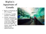 Ripley’s Aquarium of Canada. Built at the base of CN Tower Contains 16,000 aquatic animals North America’s longest underwater viewing tunnel with more than 5.7 million liters of water and over 100 interactive opportunities