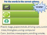 Put the words in the correct column. Plastic bags,paper,metals,driving cars,cutting trees,litter,glass,using computer Cans ,bottles,newspapers,sending smoke,