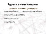 Доменные имена (примеры). www.yandex.ru www.wm4.resnet.gov www.winner.glasnet.ru www.cityline.ru www.ripn.ru. Адреса в сети Интернет