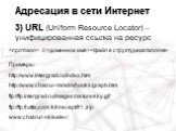 ://  Примеры: http://www.intergrad.ru/index.htm http://www.chat.ru/~mmdm/books/graph.htm ftp://ftp.intergrad.ru/images/nature/sky.gif ftp://ftp.fruttis.com/kit/recept/fr1.zip www.chat.ru/~nkiselev/. Адресация в сети Интернет 3) URL (Uniform Resource Locator) – унифицированная ссылка на ресурс