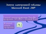 Запуск электронной таблицы Microsoft Excel -2007. I способ запуска программы: Пуск- Все программы - MS Office – Microsoft Excel. II способ запуска программы.