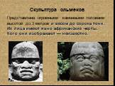 Скульптура ольмеков. Представлена огромными каменными головами высотой до 3 метров и весом до сорока тонн. Их лица имеют явно африканские черты. Кого они изображают — неизвестно.