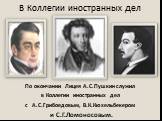 В Коллегии иностранных дел. По окончании Лицея А.С.Пушкин служил в Коллегии иностранных дел с А.С.Грибоедовым, В.К.Кюхельбекером и С.Г.Ломоносовым.