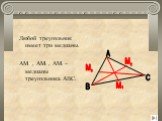 Любой треугольник имеет три медианы. АМ1 , АМ2 , АМ3 –медианы треугольника АВС. М 2 1 3