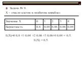 Задача № 9. Х – «число клеток в подбитом корабле» Е(Х)=0·0,8 +1·0,04 +2·0,06 +3·0,06+4·0,04 = 0,5. Е(Х) = 0,5.